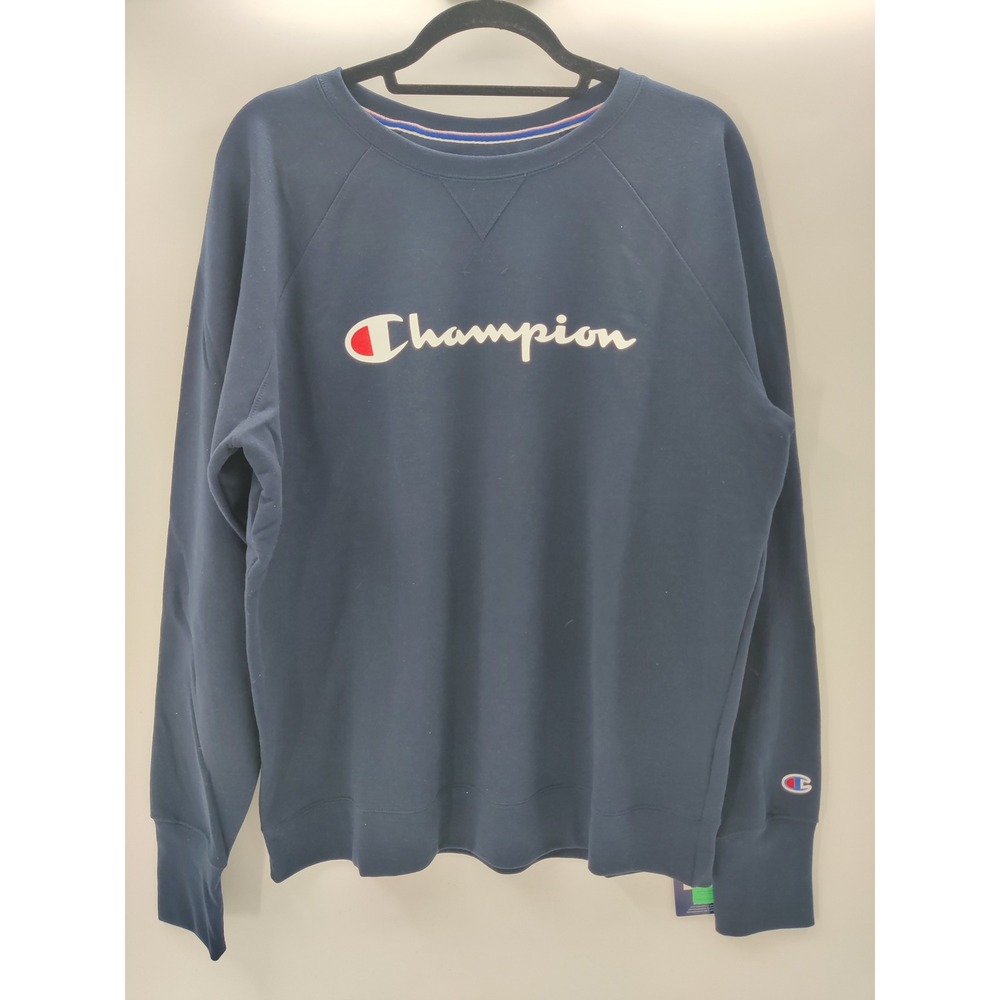 Champion Powerblend Mens XL Navy Blue Script Logo Raglan Crewneck Sweatshirt NWT